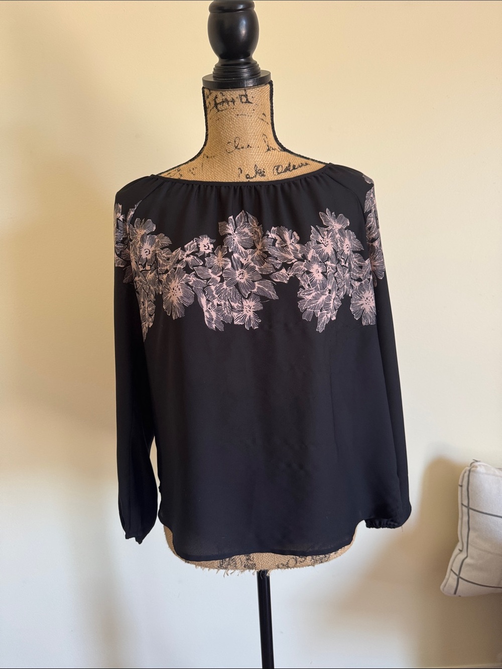 LOFT Black Off-Shoulder Blouse with Blush Pink Floral Yoke